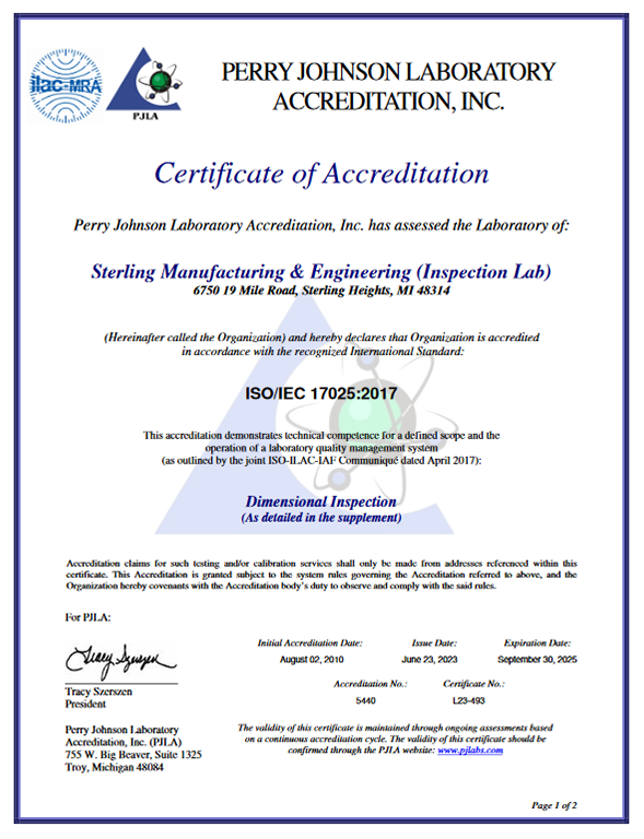 Sterling Manufacturing and Engineering Certificate of Accreditation for Quality Policy
