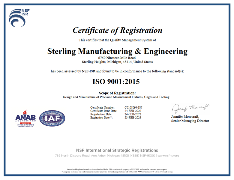 Sterling Manufacturing and Engineering certificate of Registration Quality Control
